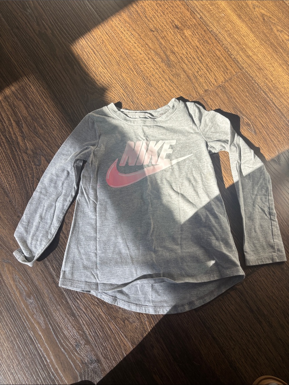Nike Kids Long Sleeve Gray Tee with Pink Swoosh